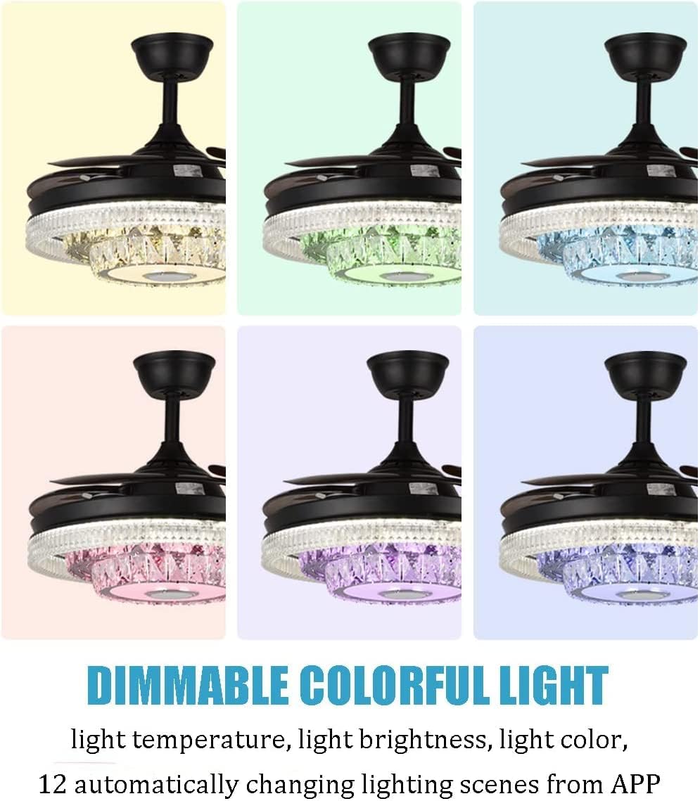 42' Modern Chandelier Ceiling Fan with Lights Reversible Blades, Fandelier with Bluetooth Speaker 7 Dimmable Colors 6 Speeds, Crystal Retractable Ceiling Fan with Remote Control Silent Motor