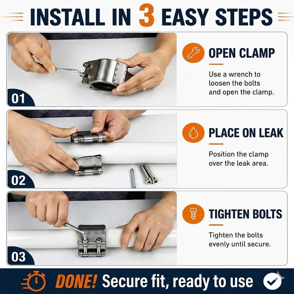 Pipe Repair Clamp，5 inch(138mm-144mm) Stainless Steel Leak Sealer, Heavy Duty Pipe Leak Repair Kit for Metal & PVC Pipes, for Burst & Crack Water Pipe Emergency Maintenance
