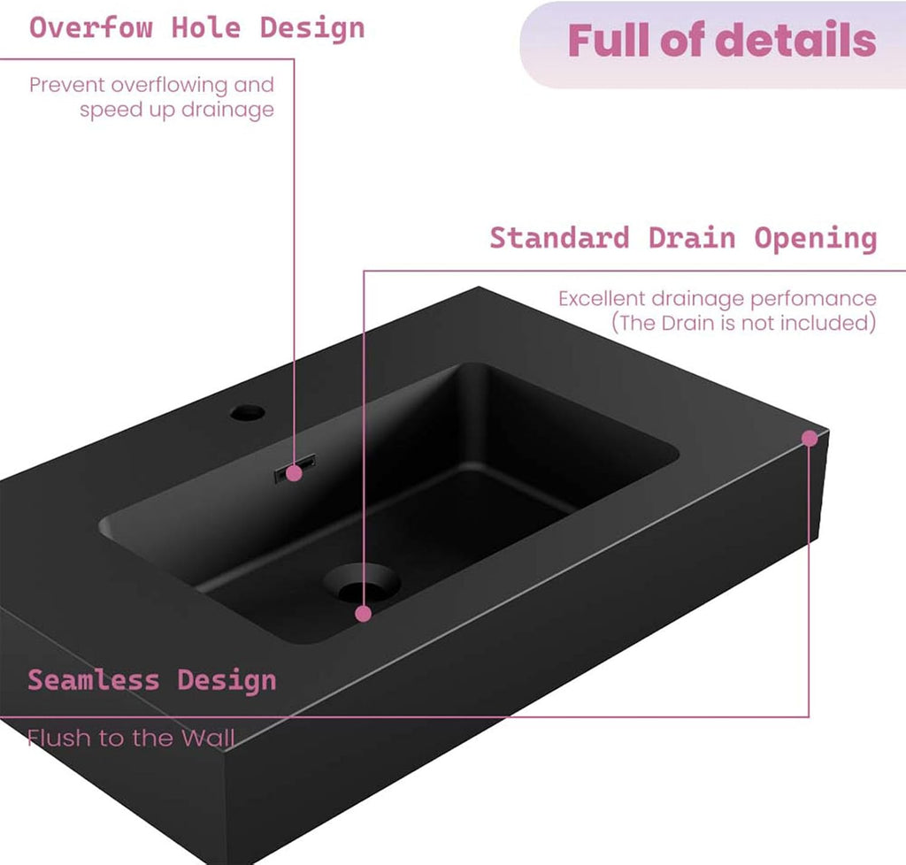 30 Inch Matte Black Vanity Sink – Solid Surface Bathroom Vanity Top with Integrated Sink, Easy-to-Clean Non-Porous Finish for Powder Room or Guest Bath