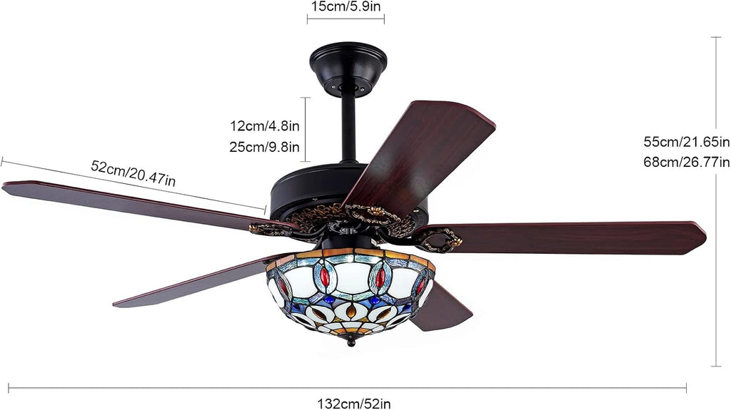 Tiffany-Style Stained Glass Ceiling Fan with Lights,52 Inch Chandelier Fan Light with 5 Reversible Wood Blades 3 Color/3 Speed Indoor Ceiling Fan with Remote Control,for Dining Living Room
