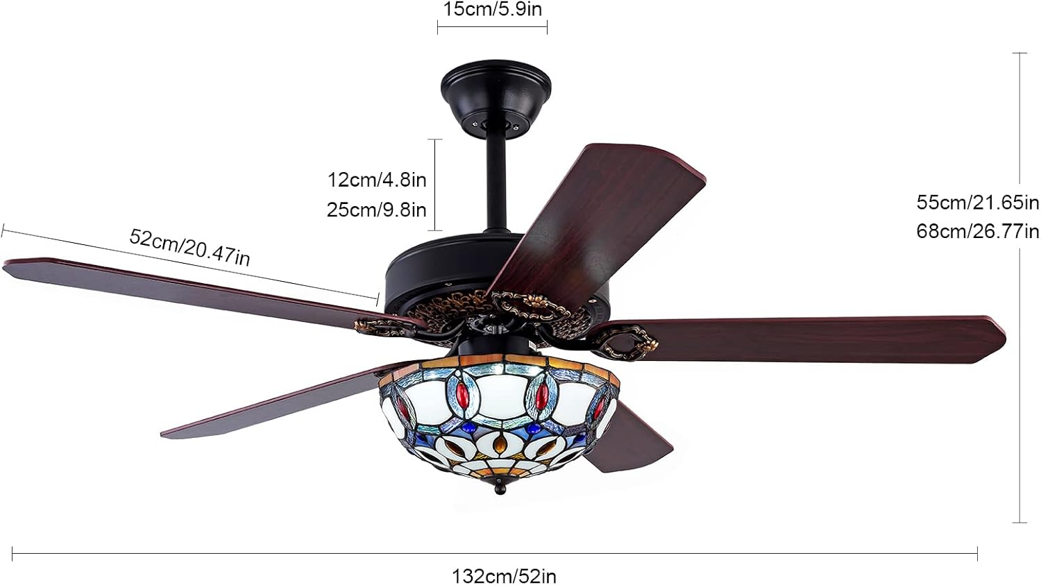 Tiffany-Style Stained Glass Ceiling Fan with Lights,52 Inch Chandelier Fan Light with 5 Reversible Wood Blades 3 Color/3 Speed Indoor Ceiling Fan with Remote Control,for Dining Living Room