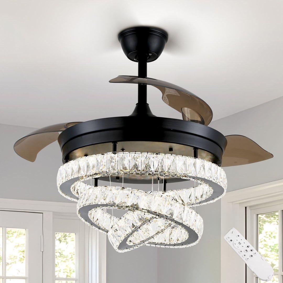 42' Black Fandeliers with Lights Dimmable LED Crystal Ceiling Fan Individual 3 LED Color Change with Timi Memory Function
