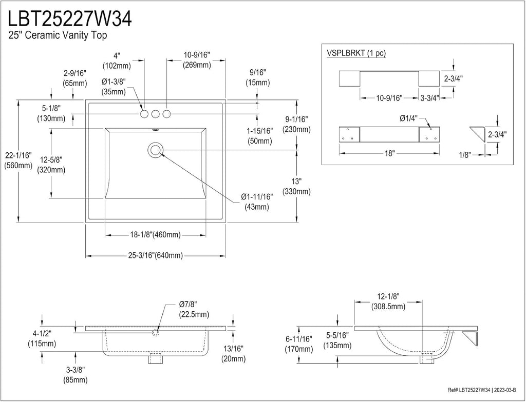 Kingston Brass LBT25227W34 Continental Vanity Sink Top, White 25.19 x 22.06 x 6, 1 count