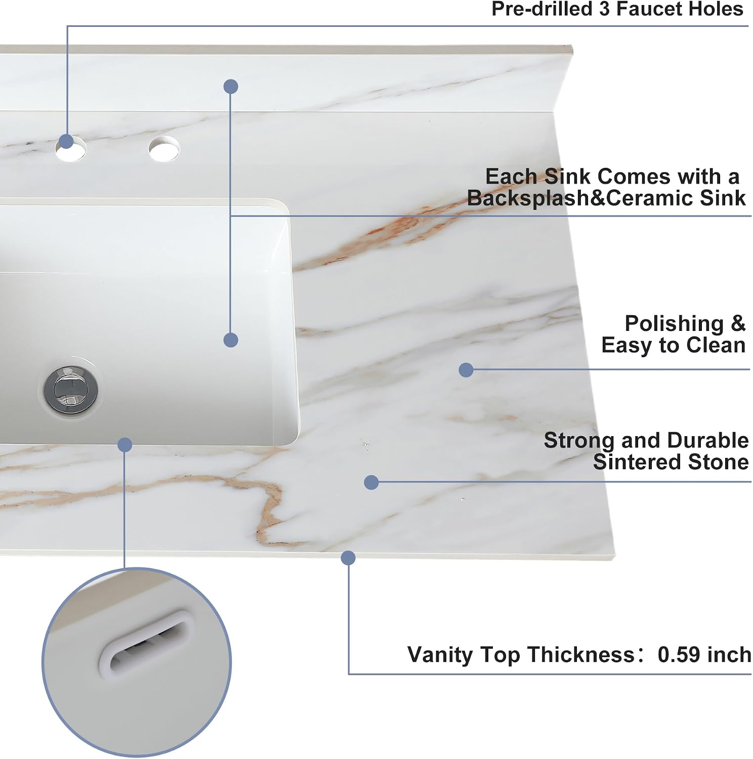 Montary 31'x 22' Bathroom Vanity Sink Top with Rectangular Undermount Ceramic Sink & Backsplash, 3 Pre-Drilled Holes Vanity Top with Safety Overflow Hole