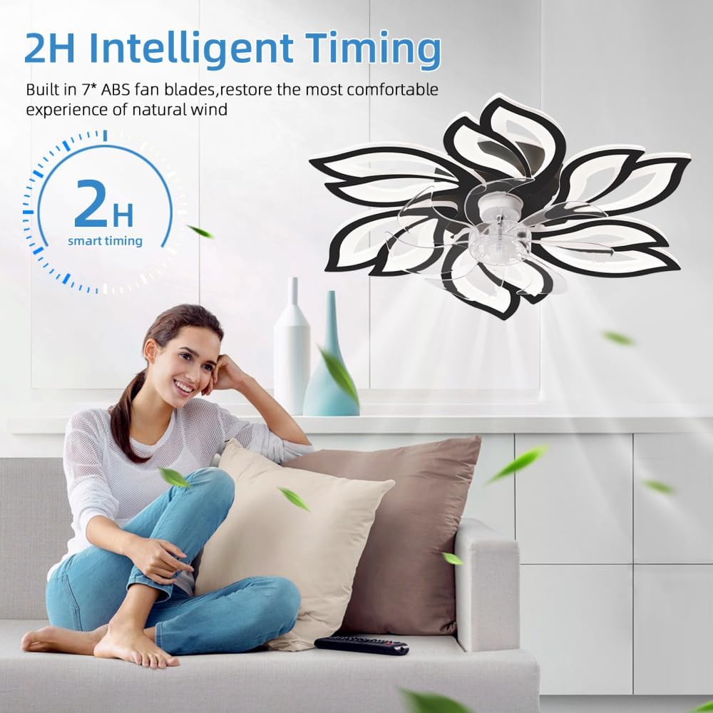 Flower Ceiling Fan Light Fixtures - Fandelier Ceiling Fan with Light & Remote, Modern Ceiling Fan with LED for Bedroom, Kitchen & Living Room | Unique Design (Black + Acrylic + Modern)