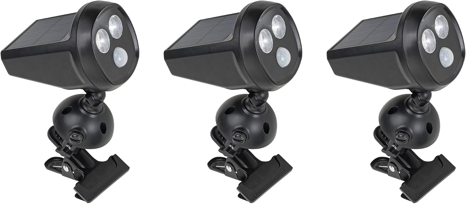3Pcs Clamp Mount Outdoor Indoor 3W Spotlight Solar Power Waterproof Motion Sensor Clip Type Lamp Adjustable Angle Simple Design Clip to Garden Yard Fence Balcony
