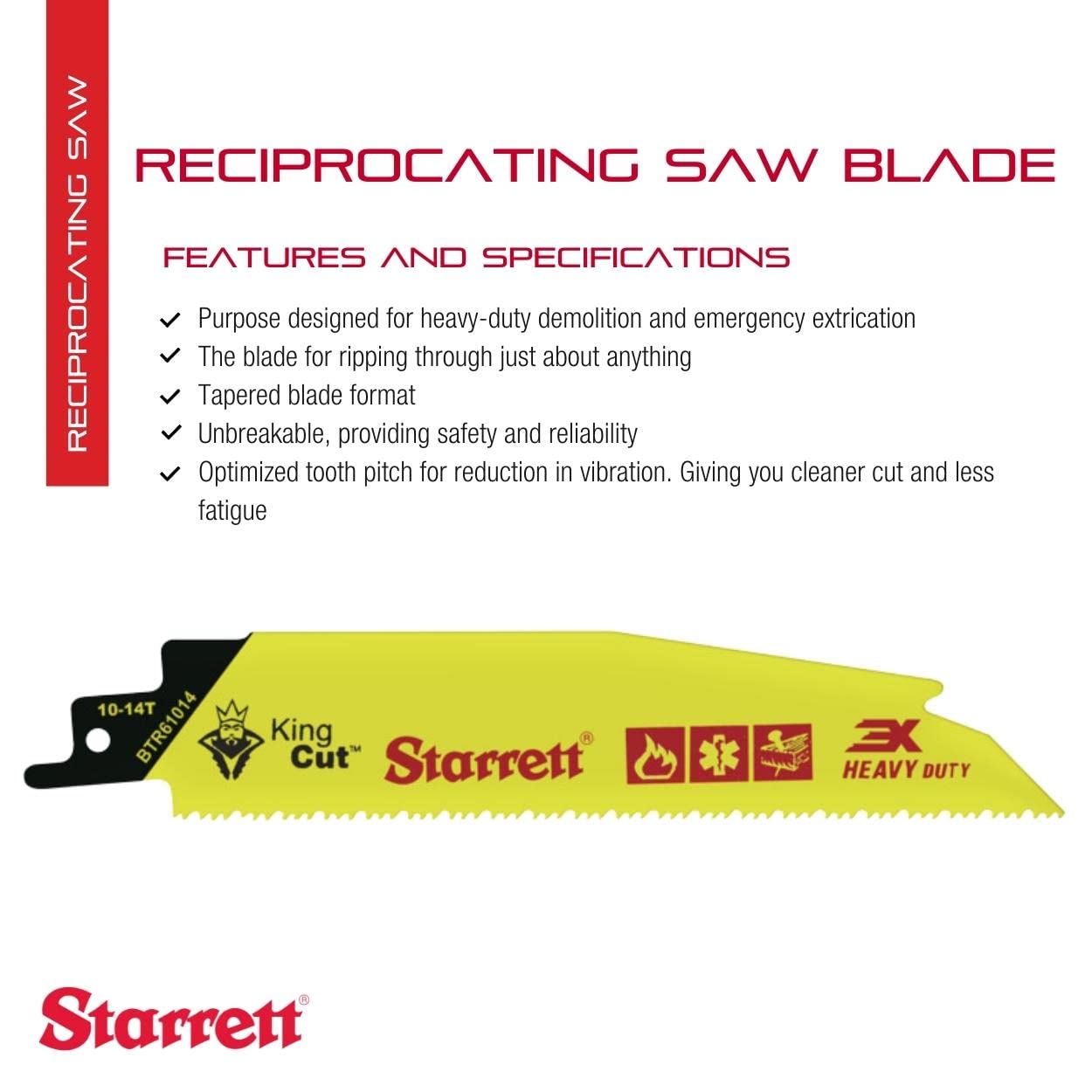 Starrett Bi-Metal King Cut Fire Rescue and Demolition Reciprocating Saw Blade - 6' Length, 1' Width, 0.63' Thickness, Tapered Blade, 10-14 TPI, 50-Pack - BTR61014-50