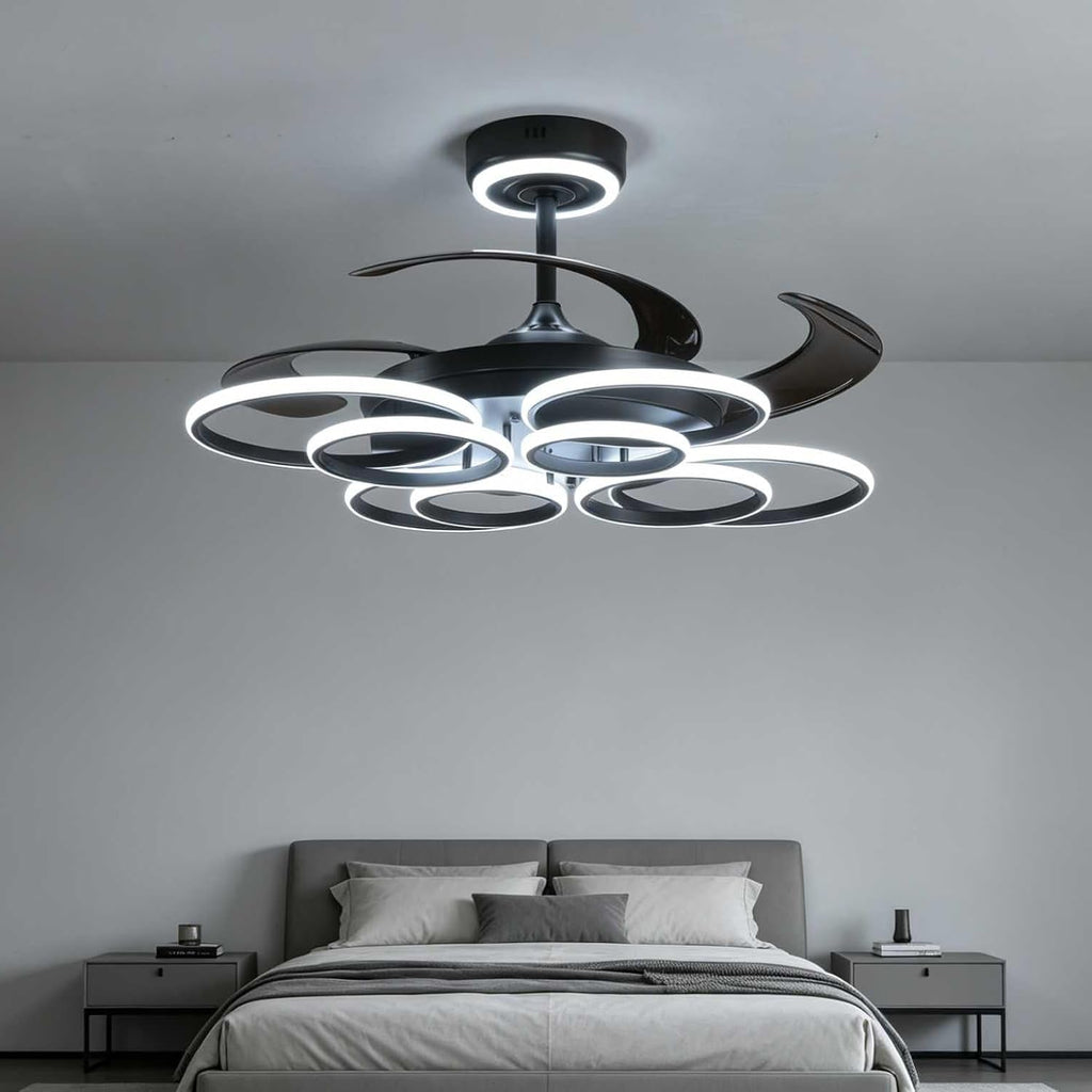 48' Retractable Ceiling Fan with Lights Modern Fandelier Fan Light with Remote Bladeless Fan Ceiling Light for Bedroom Living Room 6 Speed Black (Black RFL25009)