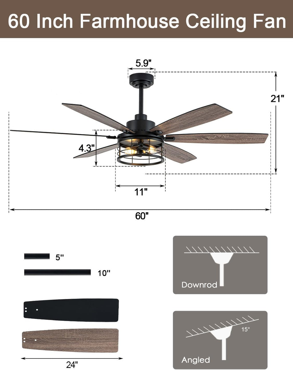 60 Inch Farmhouse Ceiling Fan with Lights and Remote Large Rustic Ceiling Fan Caged Fandelier Chandelier, 6 Dual Blades Reversible Quiet DC Motor 3CCT 6 Speed for Living Room Indoor Outdoor