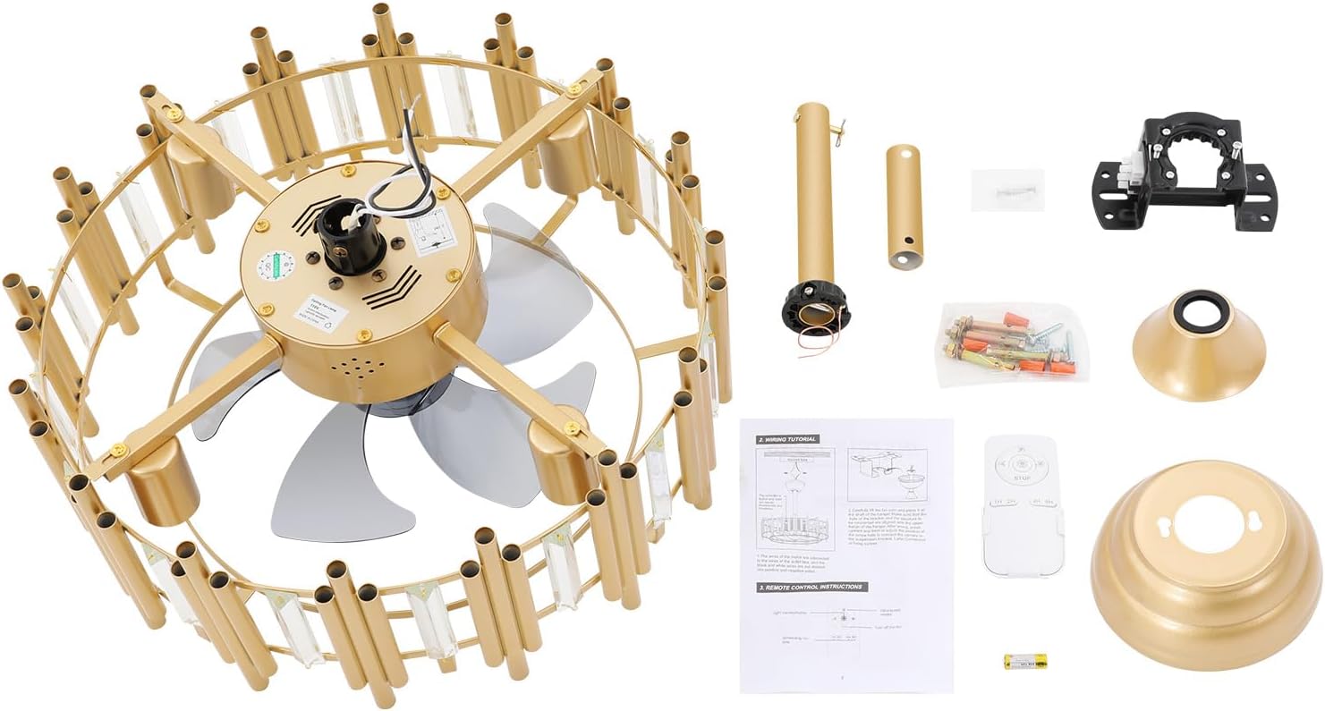 20' Champagne Gold Ceiling Fan with LED Light Remote control, 3-Speed Quiet Enclosed Fandelier Gold Caged Crystal Ceiling Fan Downrod Mount Industrial Metal Chandelier Fan 7 Invisible Blades
