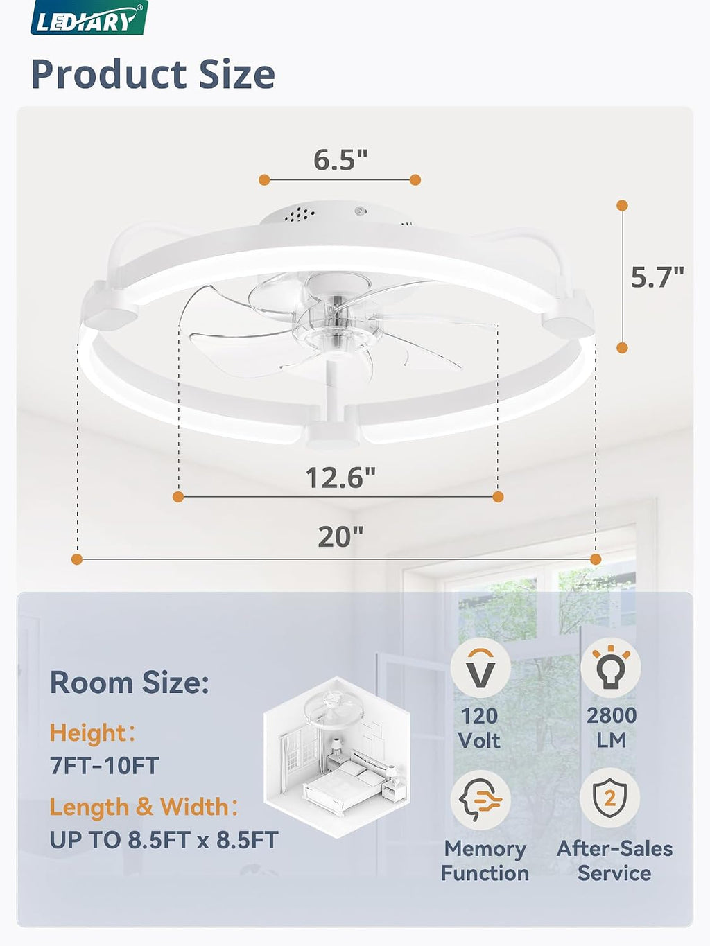 LEDIARY 20 Inch and 24 Inch Ceiling Fans with Lights and Remote, 3000-6000K Dimmable Modern Flush Mount LED Fan Light, 6 Wind Speeds, White Fandelier Ceiling Fans for Bedroom