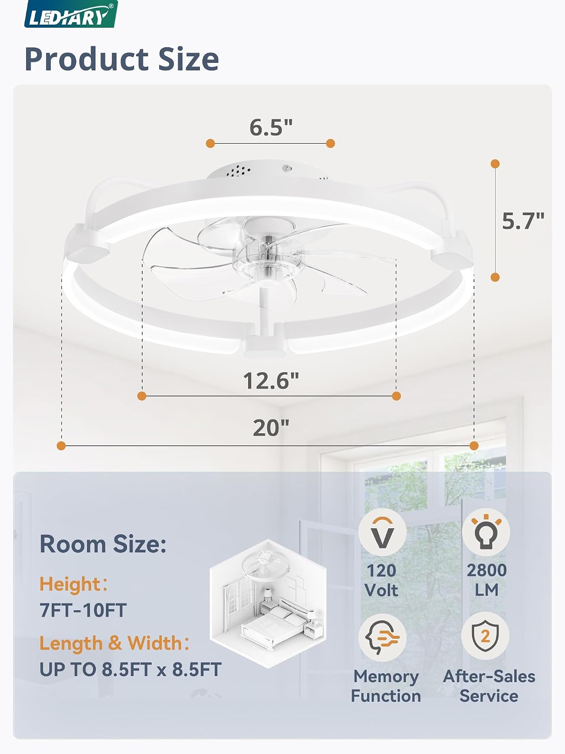 LEDIARY 20 Inch and 24 Inch Ceiling Fans with Lights and Remote, 3000-6000K Dimmable Modern Flush Mount LED Fan Light, 6 Wind Speeds, White Fandelier Ceiling Fans for Bedroom