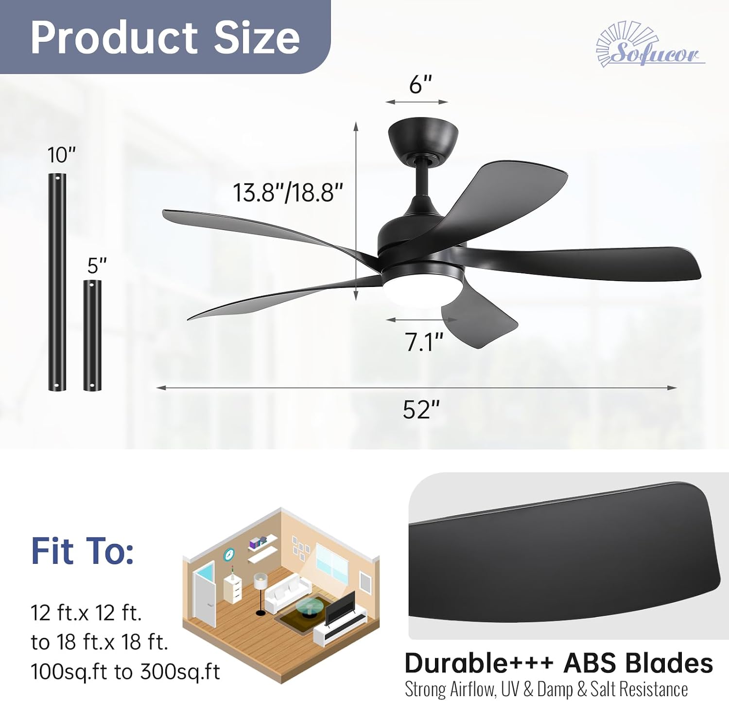 Sofucor 52 Inch Ceiling Fan with Light, Modern Ceiling Fan with Dimmable Memory LED - Quiet DC Motor, 6 Speeds 5000CFM, Timer, Reversible, for Living Room Bedroom, ETL, 5 Plastic+ABS Blades, Black