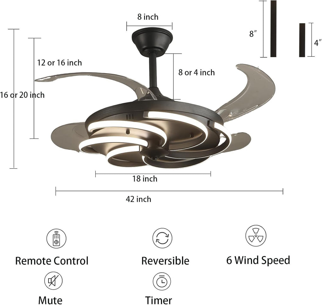 42' Retractable Ceiling Fan with Lights Modern Fandelier Fan Light with Remote Bladeless Fan Ceiling Light for Bedroom Living Room 6 Speed Black (Black RFL25012)