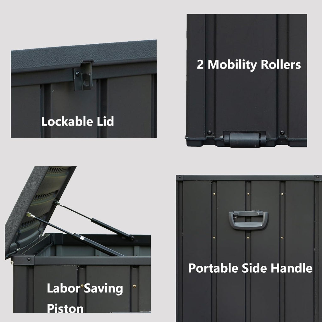 CHUNLY 120 Gallon Waterproof Deck Box with Lockable Resin Lid, Storage Bench w/Mobility Rollers, Outdoor All-weather Patio Storage Box for Outside Cushions, Garden Tools (Dark Gray)