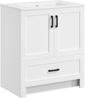 Yaheetech 30' Bathroom Vanity with Ceramic Basin, Freestanding Bathroom Storage Cabinet with 2 Soft-Close Door and 1 Tip-Out Drawer, Undermount Vanity Sink Cabinet, Easy-to-Clean, White