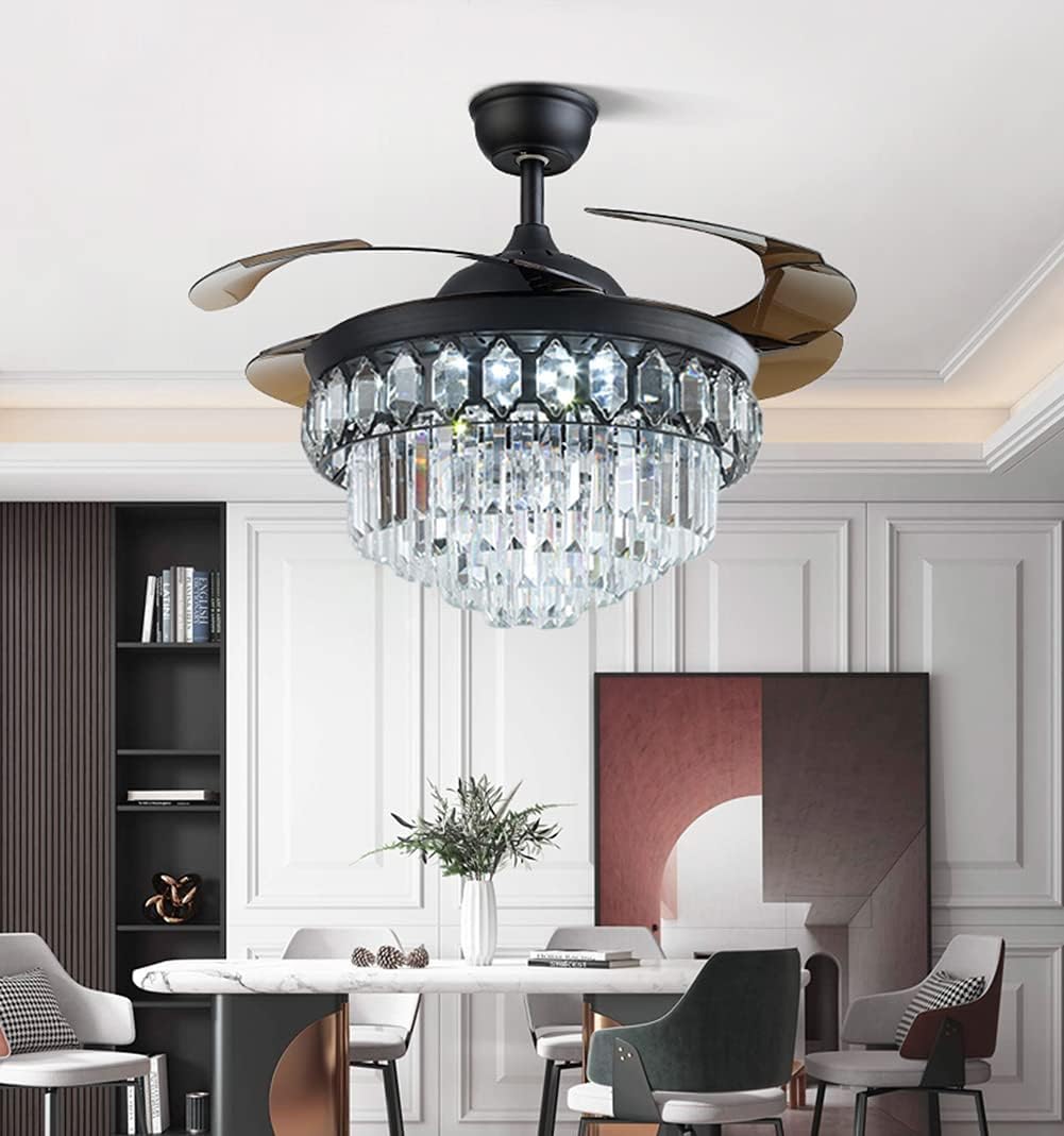 Fandian 42' Modern Crystal Ceiling Fan with Lights Black Retractable Fandelier Remote Control Fixtures, 3 Color Changes Luxury Lighting for Dining Room, Living Room