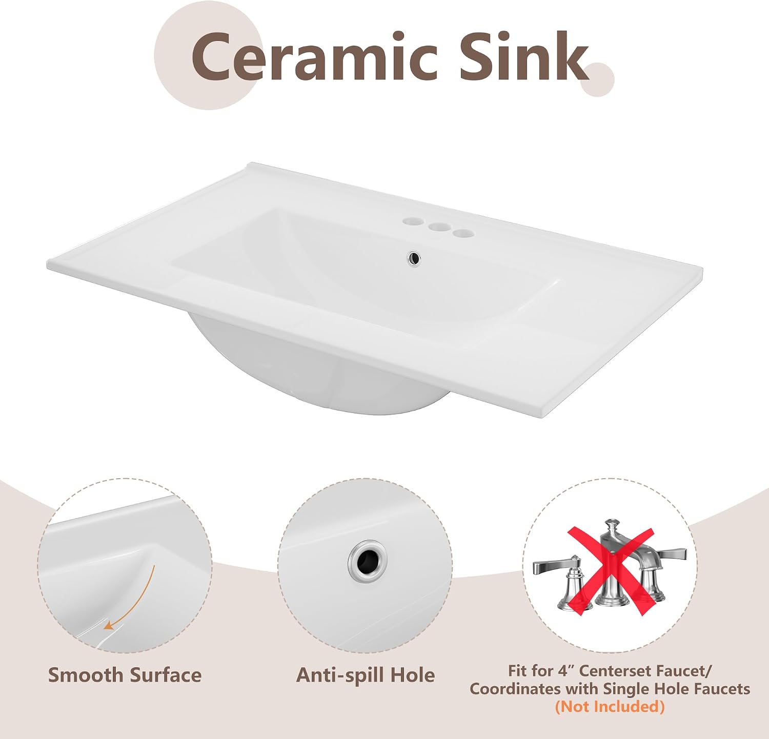 30' Ceramic Bathroom Vanity Sink Top, Modern White Vanity Top for cabinet with Triple Faucet Holes