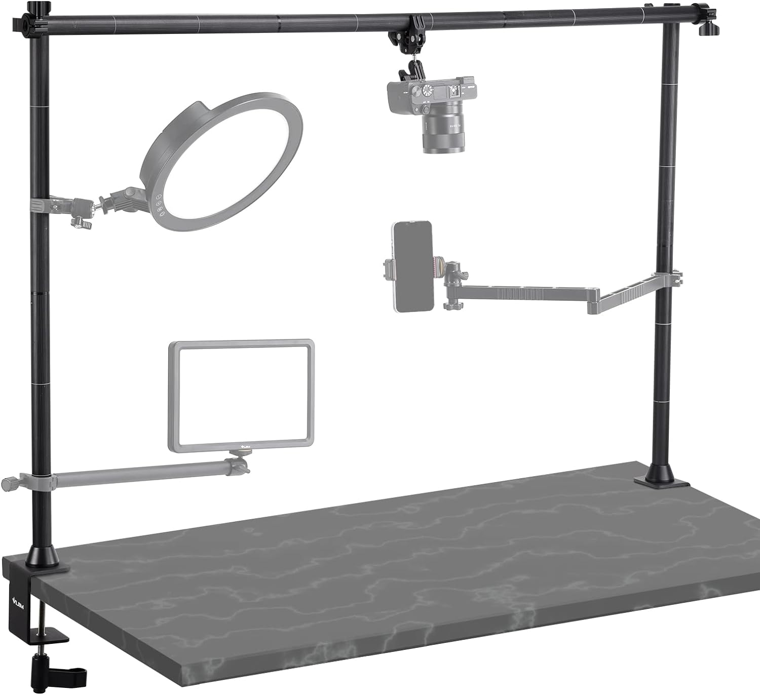 JUSMO LS15 Pro Camera Desk Mount, Aluminum Overhead Camera Mount Rig, Table Multi-Device Pole to Mount Magic Arm Clamp, DSLR, Cameras, Phone, Light, Microphone, Streaming, Studio, Max Load 22 lb