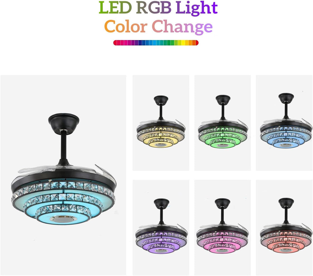 42' Smart Ceiling Fan with Lights and Bluetooth Speaker, Retractable Black Fandelier RGB Color Dimmable LED Crystal Chandelier Fans with Remote Control, Reversible Silent Motor, 6 Speeds