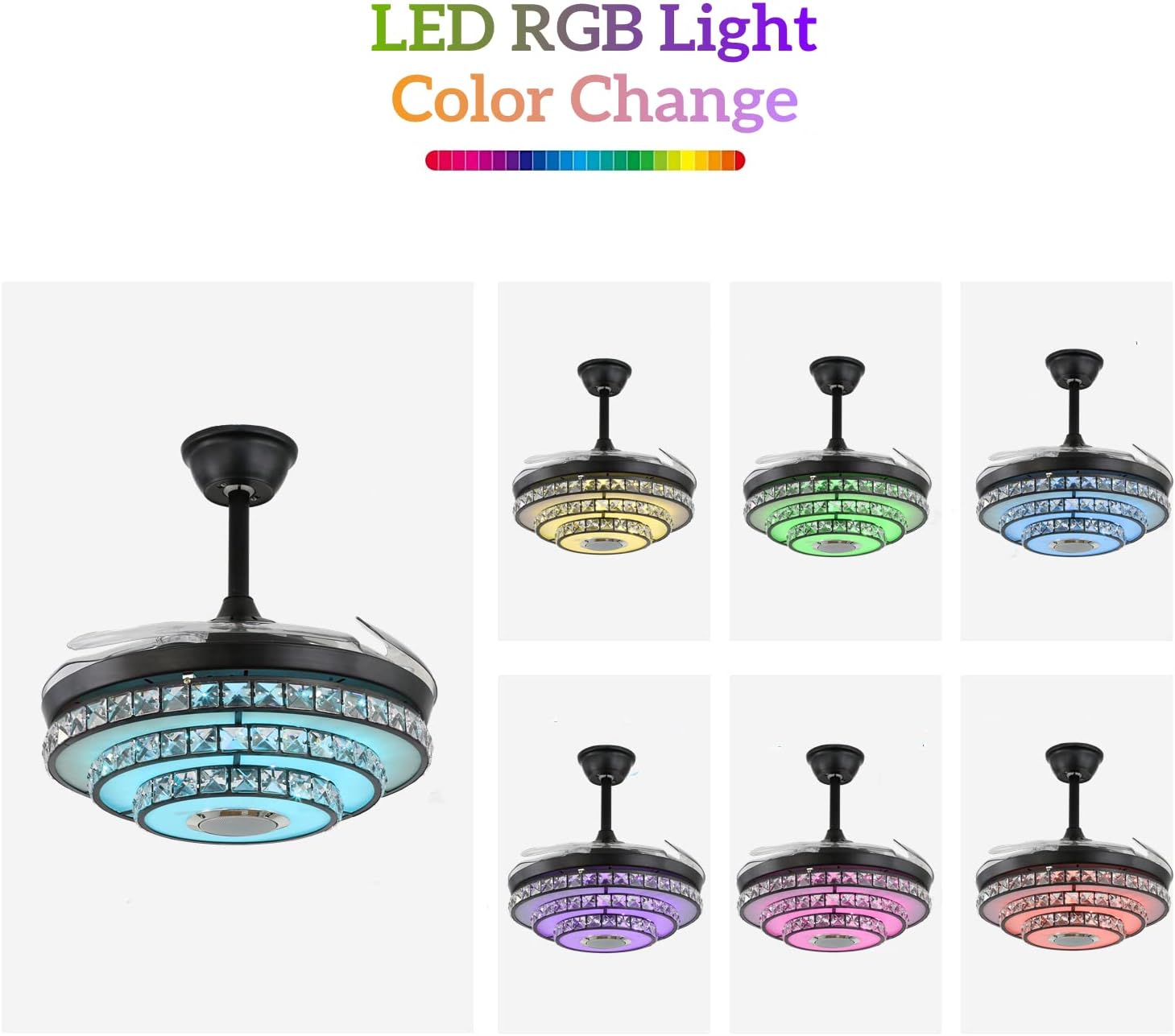 42' Smart Ceiling Fan with Lights and Bluetooth Speaker, Retractable Black Fandelier RGB Color Dimmable LED Crystal Chandelier Fans with Remote Control, Reversible Silent Motor, 6 Speeds