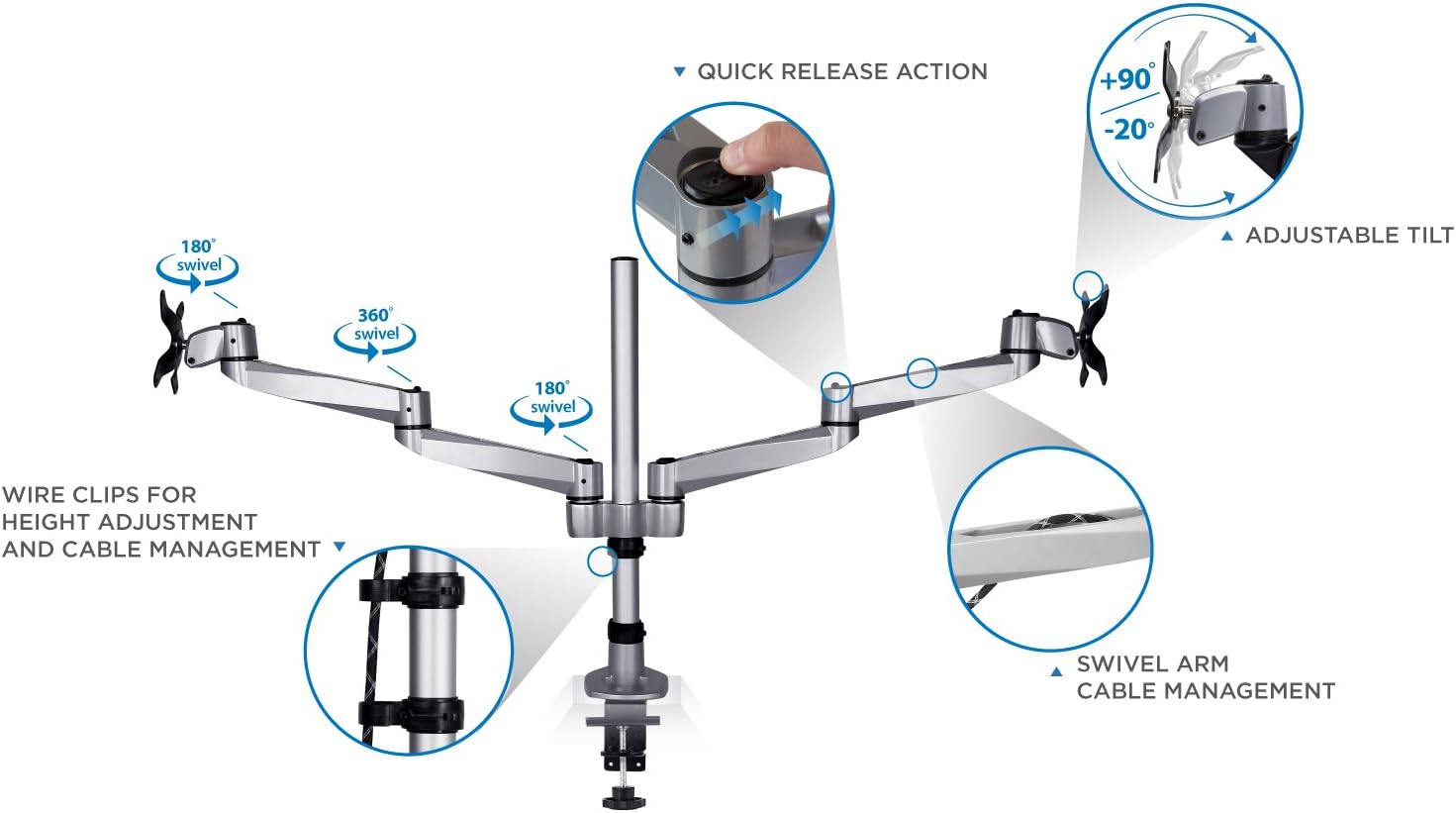 Mount-It! Premium Modular Dual Monitor Desk Mount Arms | Tilt Swivel VESA Wall Mount | Fits 13 15 17 19 21.5 24 27 Inch Computer Screens with 75 100 VESA Patterns | C-Clamp and Grommet Bases | Silver