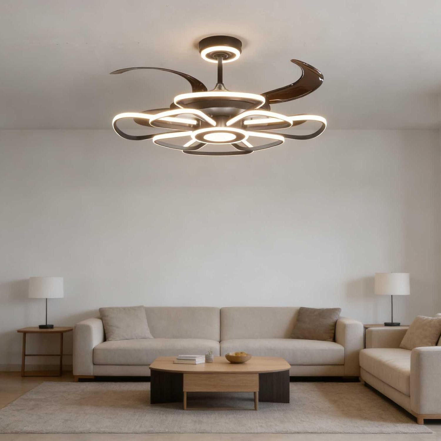 48' Retractable Ceiling Fan with Lights Modern Fandelier Fan Light with Remote Bladeless Fan Ceiling Light for Bedroom Living Room 6 Speed Black (Black RFL25003)