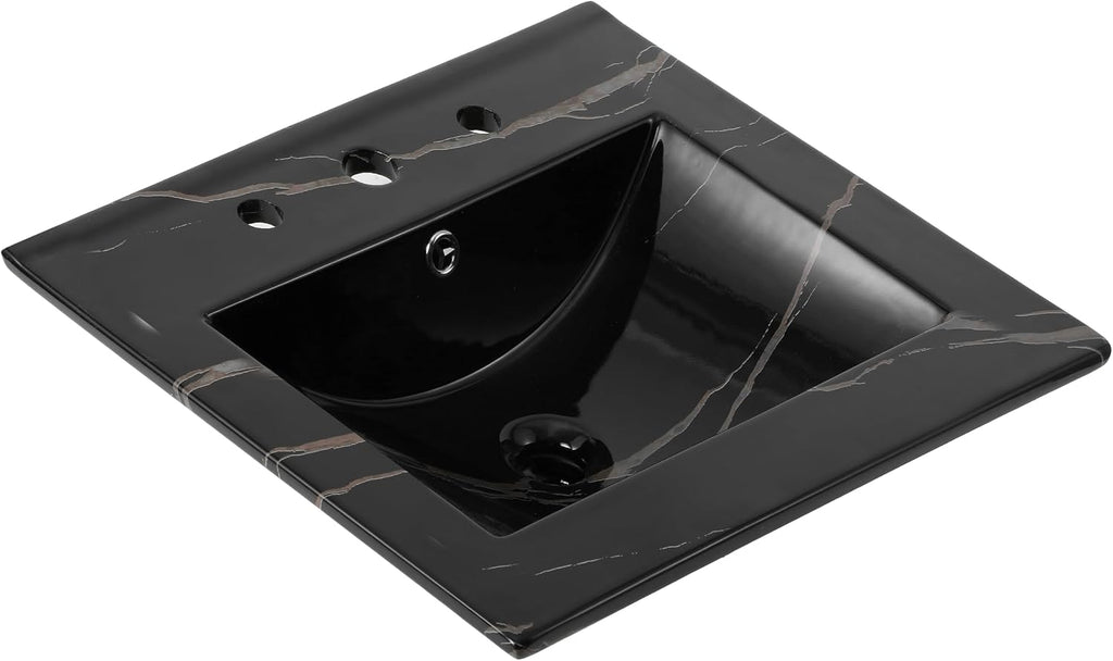 JONATHAN Y Ancillary 20 in. W x 18.25 in. D Ceramic Vanity Sink Top with 3-Hole Rectangular Single Sink Basin, Black Marble Effect SNK1000D