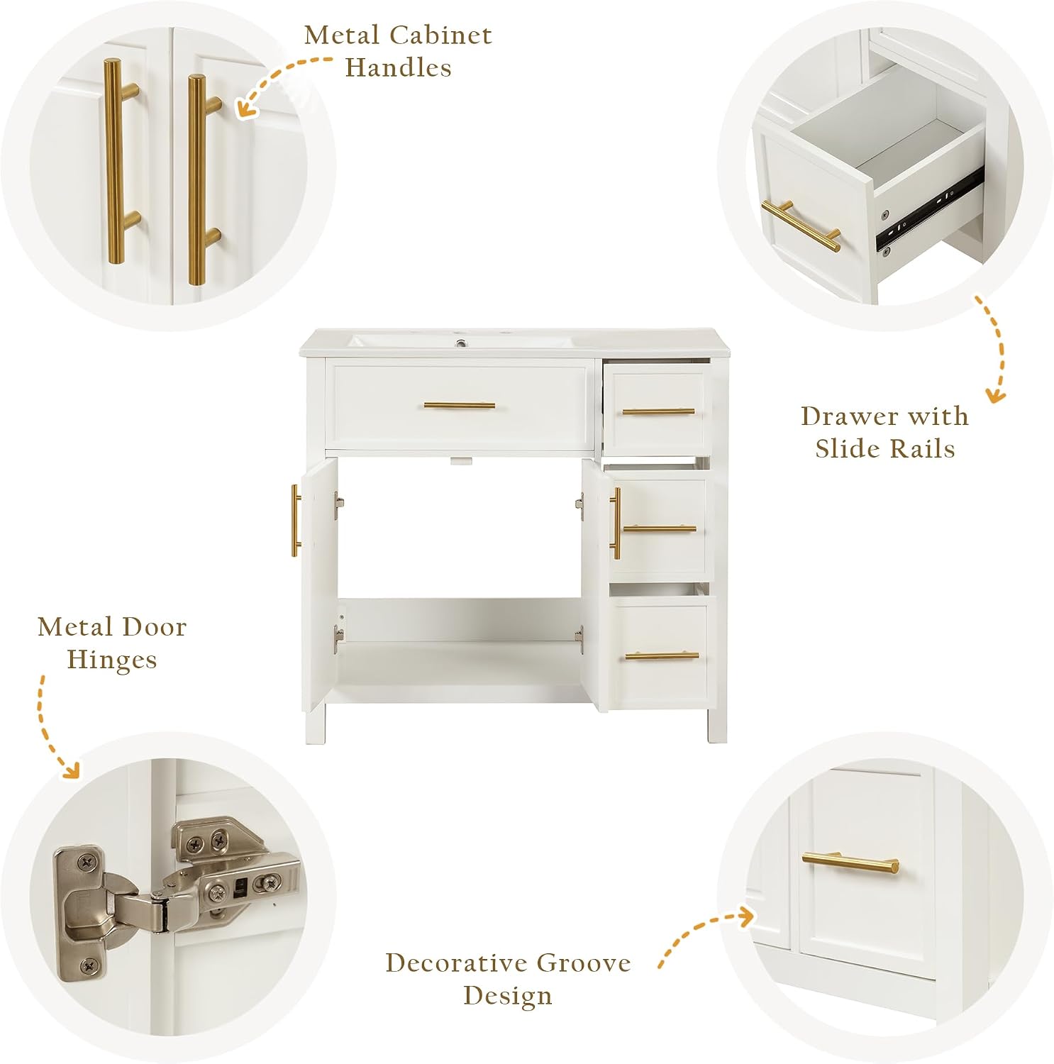 Harper & Bright Designs 36' Bathroom Vanity with Sink, Bathroom Cabinet with Two Doors and Three Drawers, White Undermount Left Side SinkVanity Countertop, Solid Wood Frame