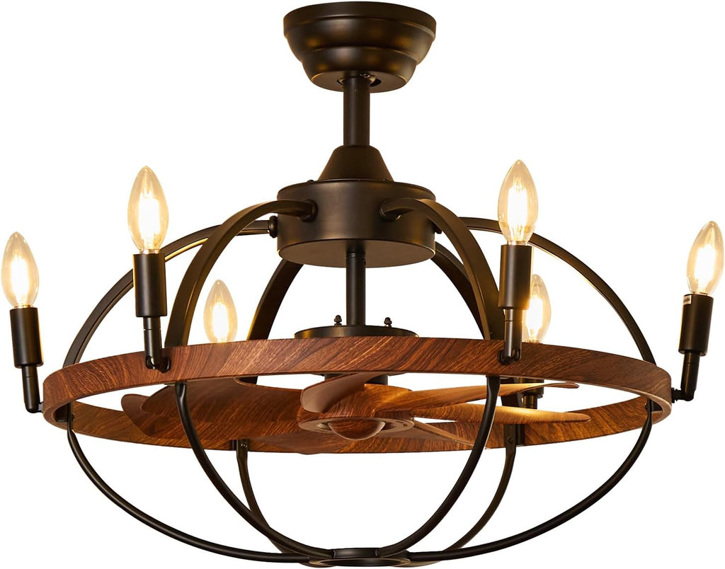 27.6' Farmhouse Ceiling Fan with Light and Remote Control, Vintage Cage Candle Chandelier Fans Rustic Enclosed Bladeless Fandelier for Kitchen Dining Room Living Room
