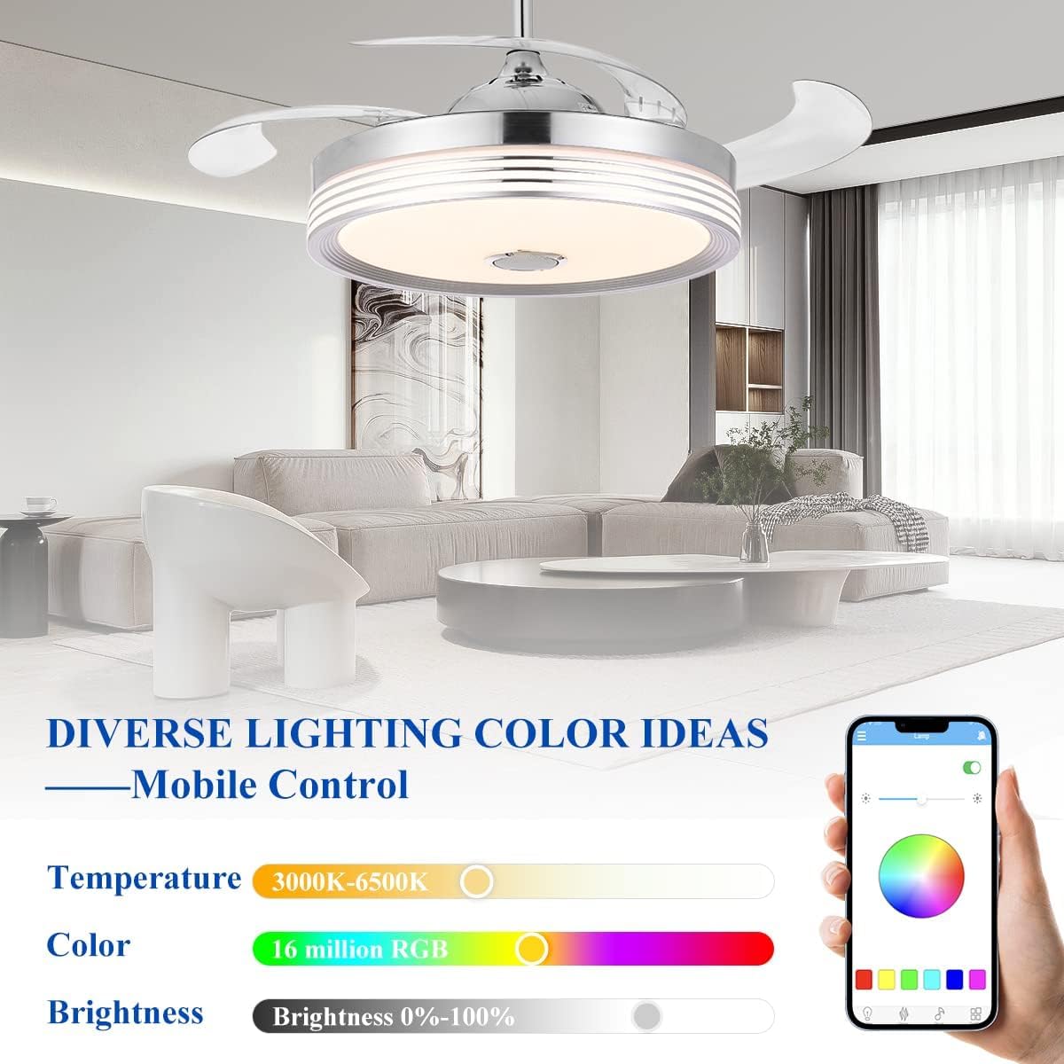 48 inch Modern Retractable Ceiling Fan with Lights and Remote Control, 6Speed Dimmable Fandelier, Smart Ceiling Fan Light with Bluetooth Speaker, RGB Color Reversible Bedroom Living Room, Chrome