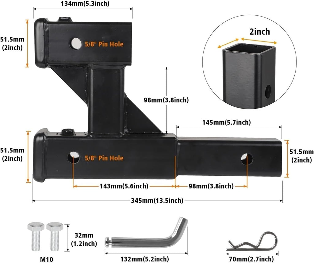 Dual Hitch Extension With Bolt Nut Kit Fits For 2 Inch Extender To 10 Inch Max Length Adjust 7-1/2 Inch Riser Or Drop 4,000 Lbs