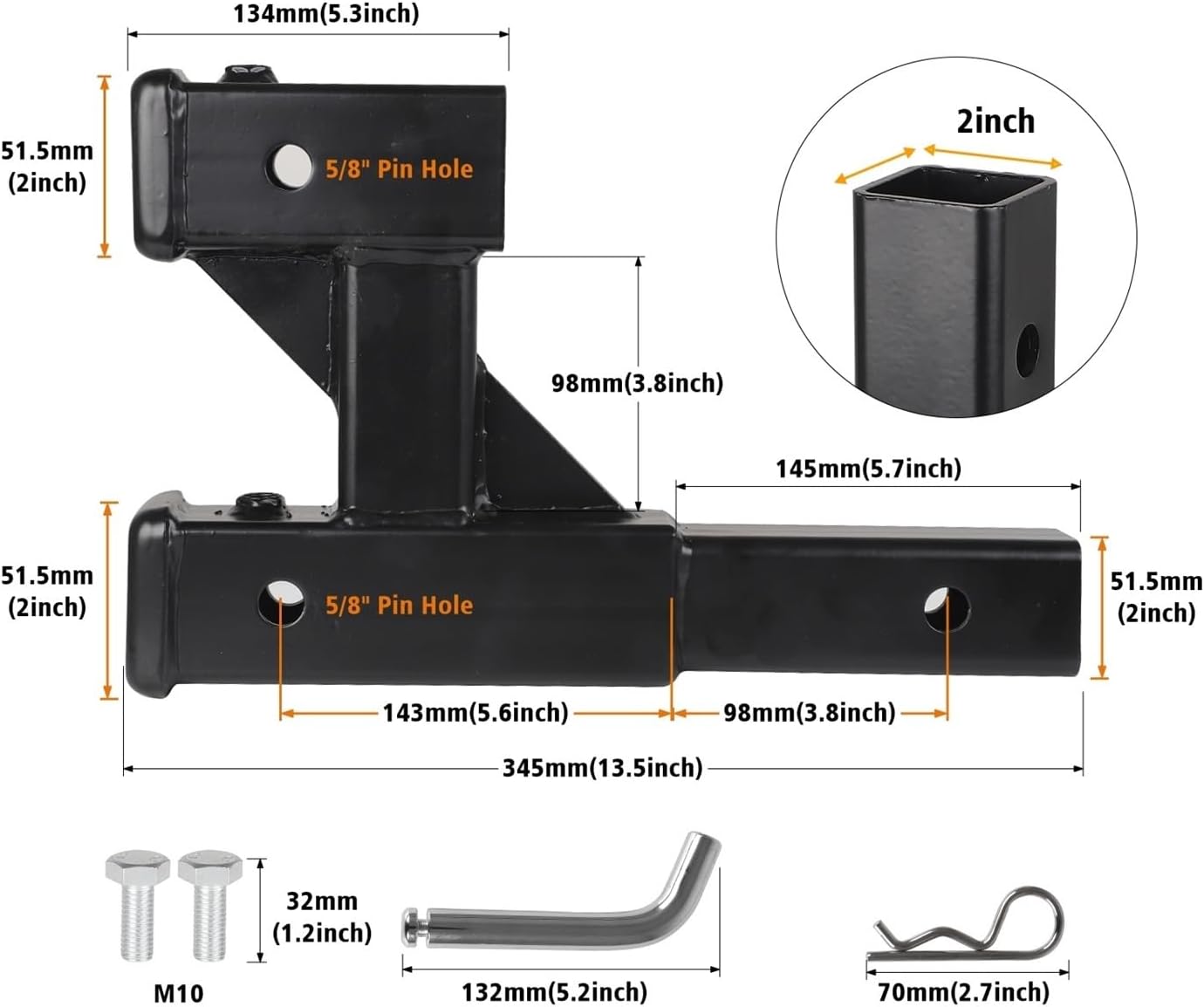 Dual Hitch Extension With Bolt Nut Kit Fits For 2 Inch Extender To 10 Inch Max Length Adjust 7-1/2 Inch Riser Or Drop 4,000 Lbs