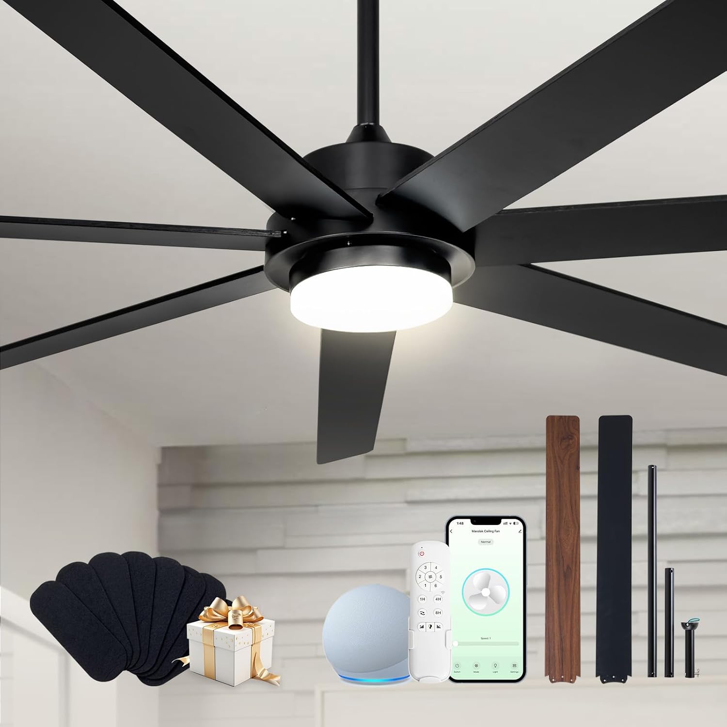Minislak 72 Inch Black Smart Ceiling Fan with Light and Remote via WIFI Alexa APP Control,6 Speed Quiet DC Motor,Dimmable,Indoor Outdoor Ceiling Fans for Patios or Bedroom