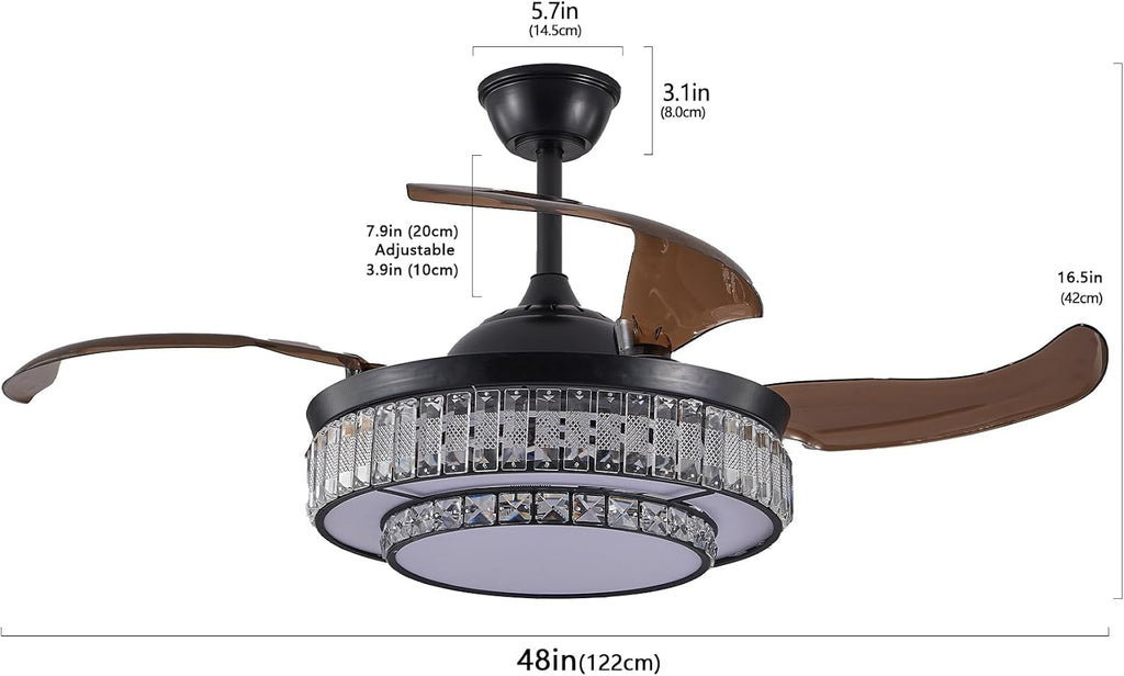48 Inch Invisible Crystal Chandelier Fan with Remote Control, Modern Retractable Ceiling Fan Light, Black Fandelier for Bedroom, Living Room, Home Decor