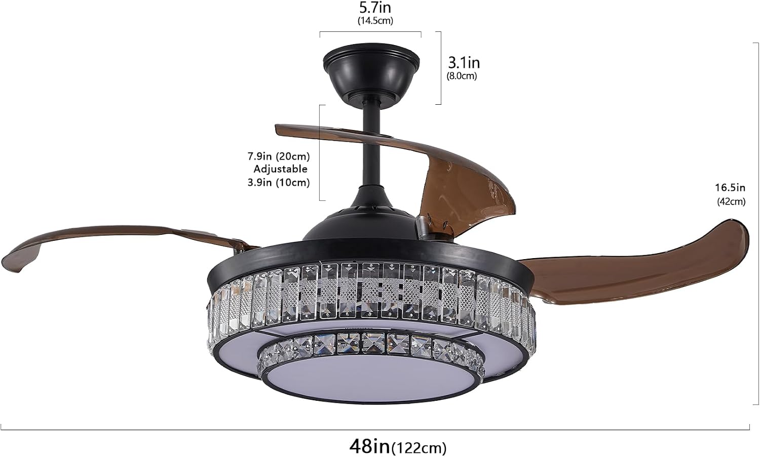 48 Inch Invisible Crystal Chandelier Fan with Remote Control, Modern Retractable Ceiling Fan Light, Black Fandelier for Bedroom, Living Room, Home Decor