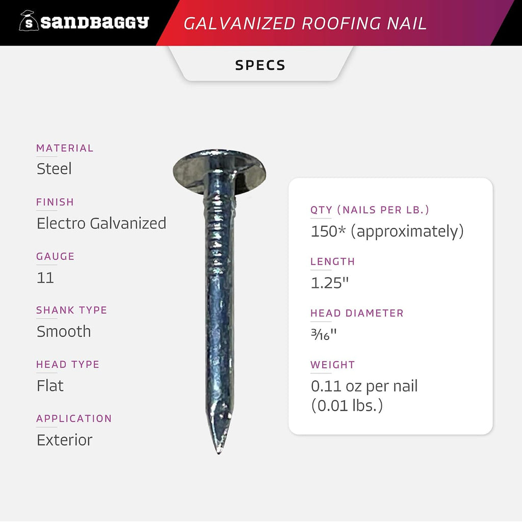 Sandbaggy 1-1/4' Galvanized Roofing Nails - Install Shingles, Siding, Insulation Board, Felt Paper - Flat Head, 11 Gauge Steel, Smooth Shank (30, Pounds)
