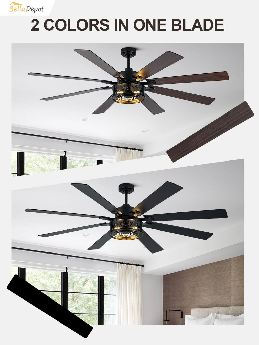 Bella Depot 72' Ceiling Fan with Light, Farmhouse Caged Chandelier Fan with Lights and Remote, Vintage Rustic Indoor Fandelier with Silent Motor for Dining Living Room Bedroom, (Bulbs not Included)