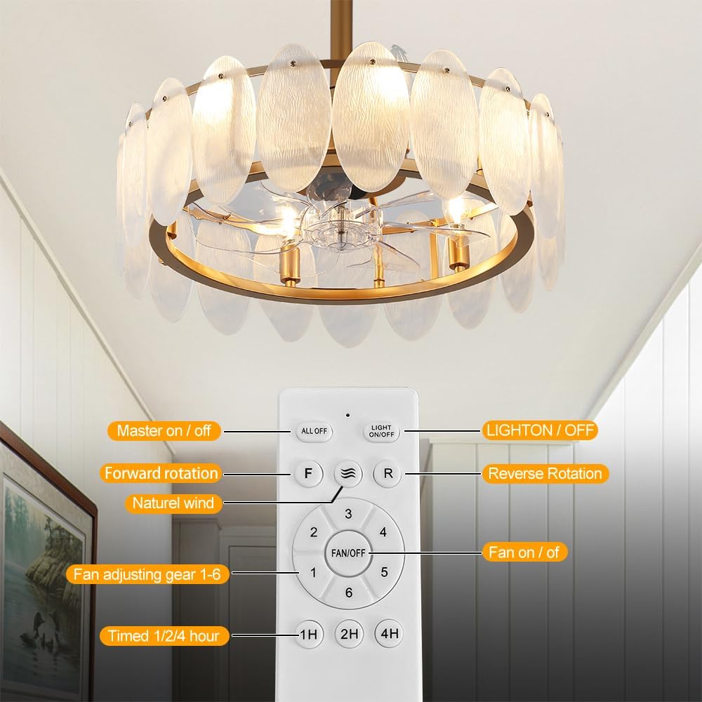 Deckrico 20' Gold Ceiling Fan with Crystal Light Modern Crystal Fandelier Chandelier Semi Flush Mount with Remote Control 6 Speeds for Bedroom, Living Room, Dining Room