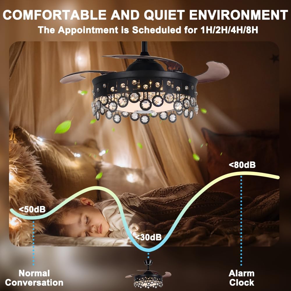 42 Inch Retractable Fandelier Ceiling Fan with Light Bluetooth Speaker, Modern Crystal Chandelier Fan with Remote 7 Color Change Black Smart Invisible Fan Light for Bedrooms Living Room