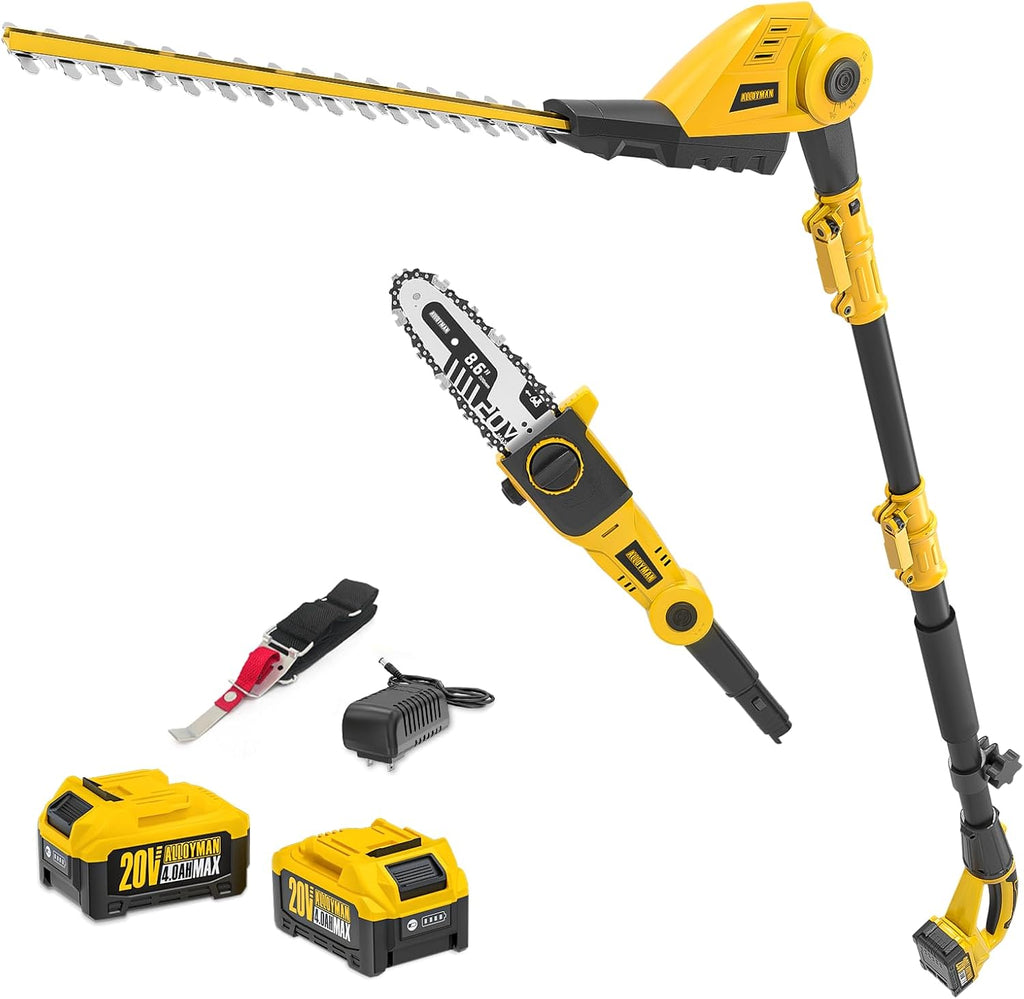 Alloyman 2-in-1 Telescopic Cordless Pole Hedge Trimmer 16-Inch and Pole Saw 8.6-Inch,with 2 Packs 4.0Ah Batteries & Charger,for Tree Trimming and Shrubs Pruning