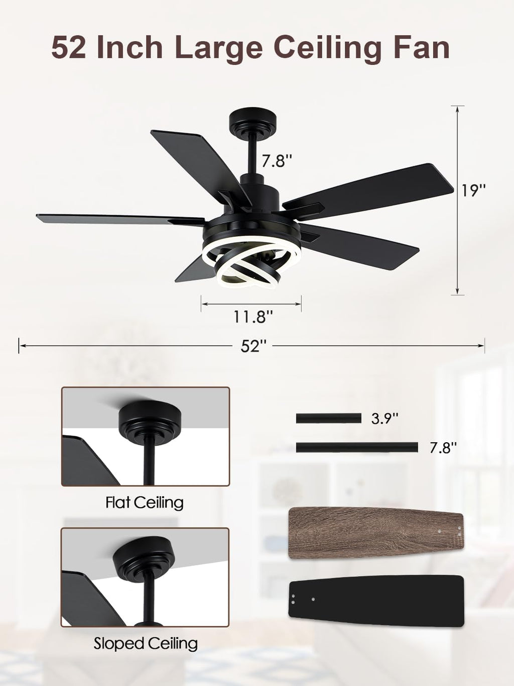 52' Ceiling Fan with Lights and Remote Contro Modern Chandelier Ceiling Fan with Lights for Bedroom Living Room (Black)