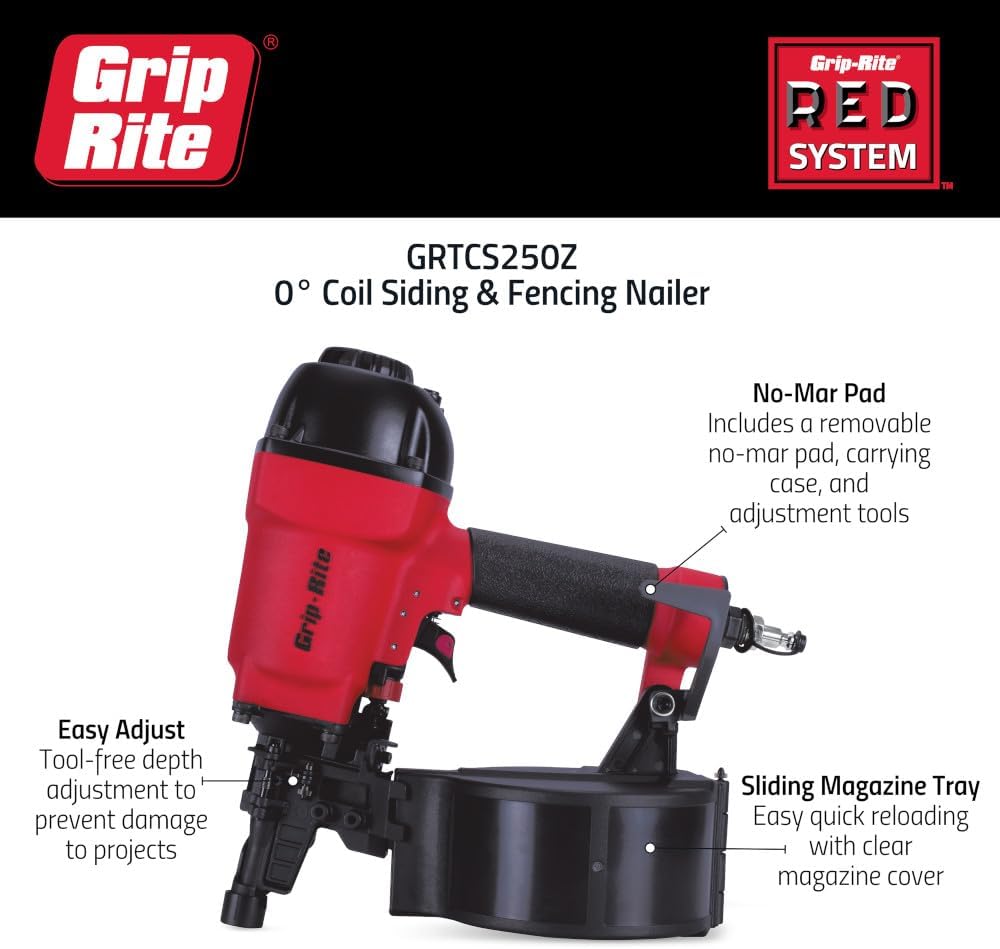 Grip-Rite GRTCS250Z, 0° 2-1/2' Coil Siding Nailer, Plastic Collation, High Precision
