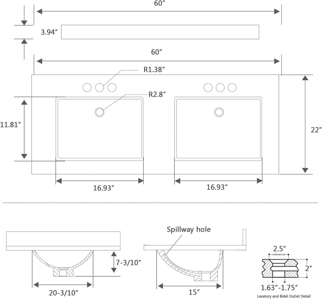 60 Inch Engineered Stone Bathroom Vanity Sink Top, with Undermount Rectangular Double Sinks, Vanity Countertop with 8 inch Faucet Hole Spacing and Backsplash in Lightning White