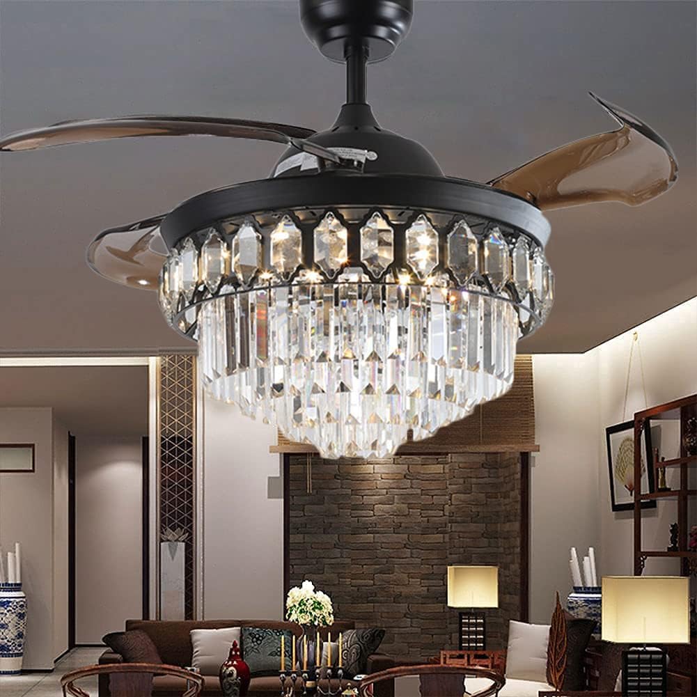 42' Retractable Blade Ceiling Fan with Crystal Modern Fandelier Ceiling Fan with Lights Indoor LED Luxury Ceiling Fan Chandelier,3 Lighting Color Nosie-Free Fan Rustic Black