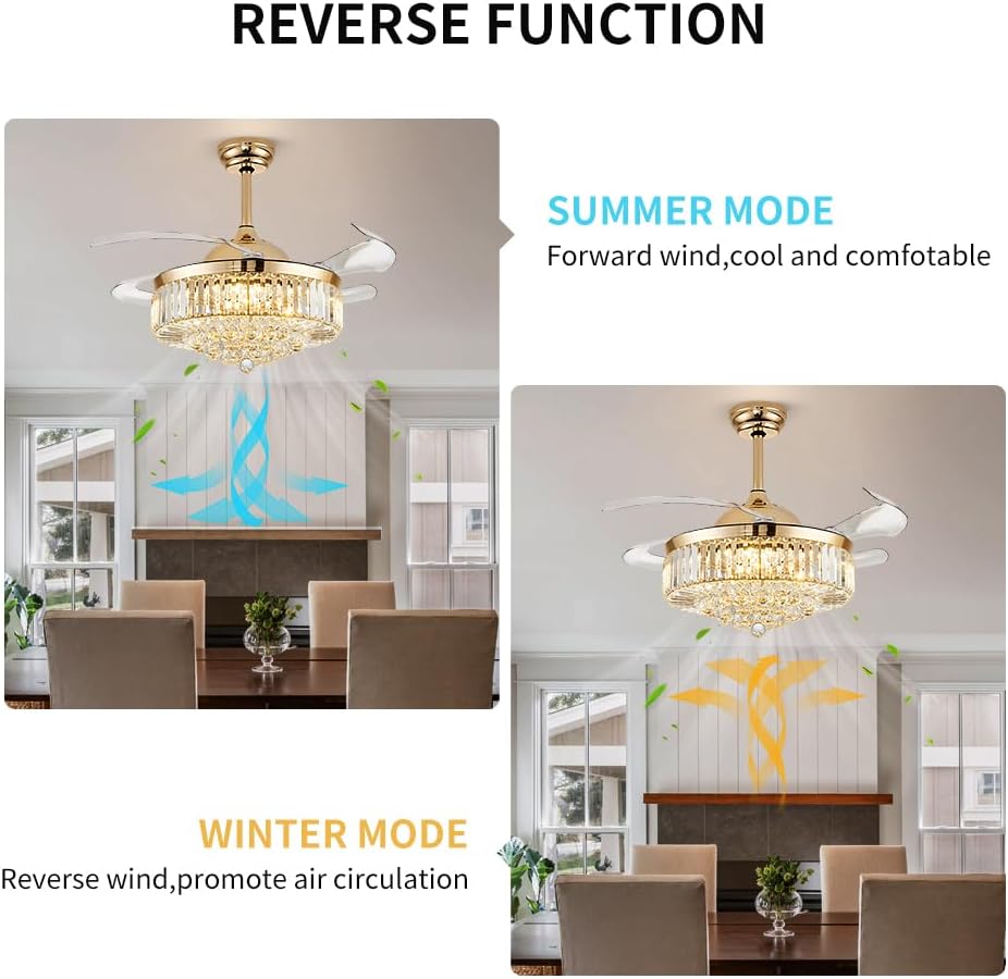 48 Inch Fandelier Ceiling Fan with Light, Chandelier Ceiling Fan for Bedroom Living Room, LED Dimmable, 6-Speed Reversible Motor, Timer & Memory Function-Gold