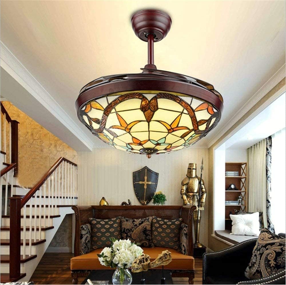 Fandian 42' Vintage Style Ceiling Fan with Light, Remote Control Classic LED Chandelier Retractable Blades 3 Light Changes Fandelier Lighting Fixture with Craft-Made Colorful Glass Lamp