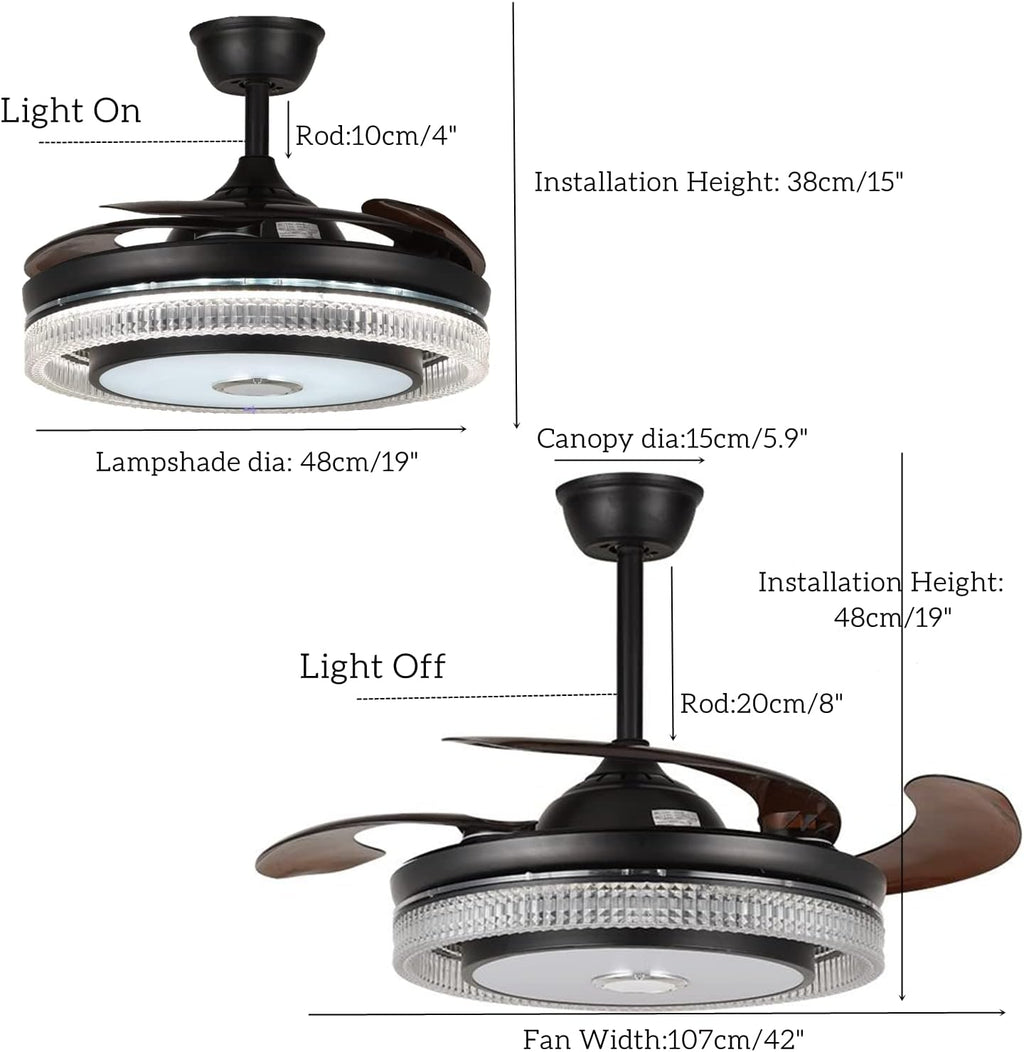 42in Fandelier Ceiling Fan with Lights and Bluetooth Speaker,Modern Crystal Chandelier LED Fan 6 Speeds Fans Music with Remote Control Modern Crystal Invisible Blades with Silent Motor