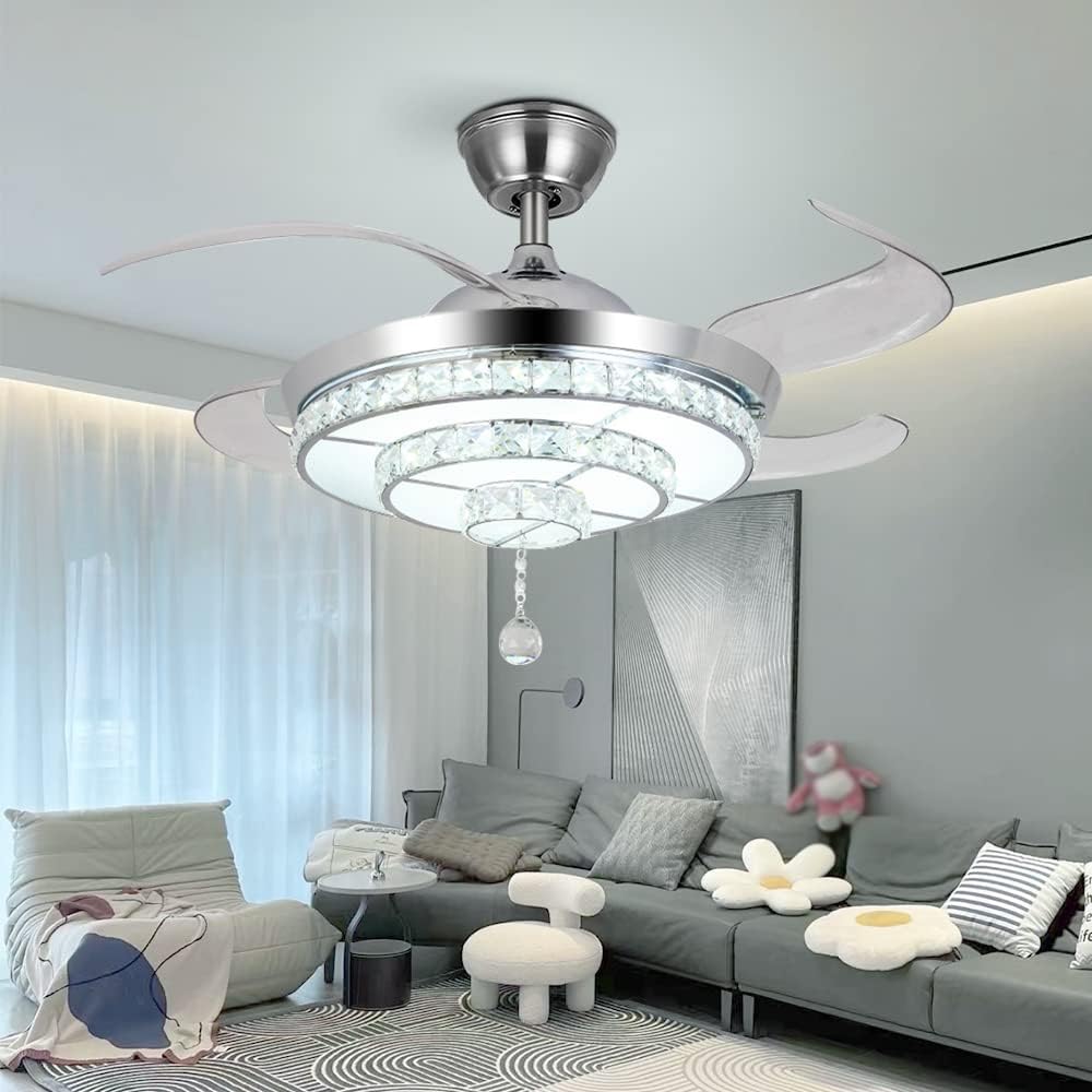 Modern 42'' Crystal Chandelier Ceiling Fan with LED Light Kit and Remote Invisible Ceiling Fan Light Retractable 3 Color Changing LED Fandelier for Living Room Bedroom