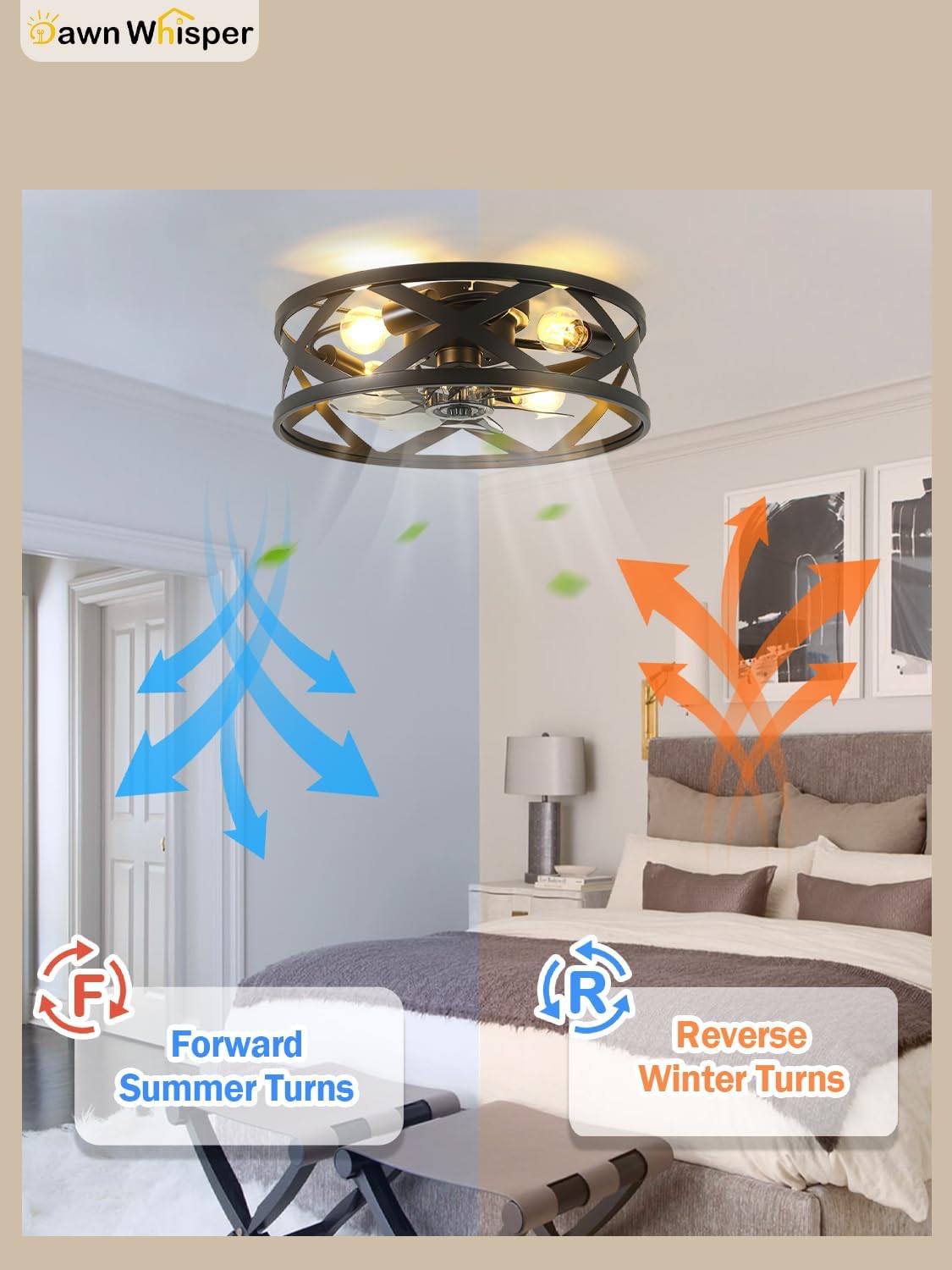 Dawn Whisper 20'' Farmhouse Ceiling Fans with Lights Flush Mount Ceiling Fans with Lights Industrial Black Caged Ceiling Fan with Light for Bedroom Living Room
